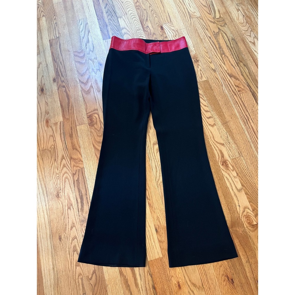 Y2K D&G Dolce & Gabbana Vintage Black Flare Pants Red Leather Waistband US 10 b2